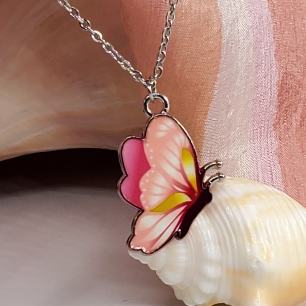 ❤️ -Butterfly Jewelry Silver Enameled Pendant Petitte Butterfly Necklaclace